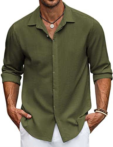 Coofandy Men Wedding Shirt Long Sleeve Wedding Attire Beach Wedding Camp Army Green