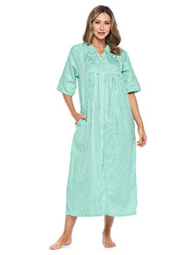 Casual Nights Women'S Zip Front Seersucker House Dress Sleeves Housecoat Long Duster Lounger   Striped Mint   X Large