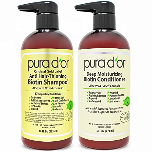 Pura D'Or Anti Thinning Biotin Shampoo And Conditioner Natural Earthy Scent,Clinically Tested Proven Results Dht Blocker Thickening Products For Women &Amp; Men,Original Gold Label Hair Care Set Oz X