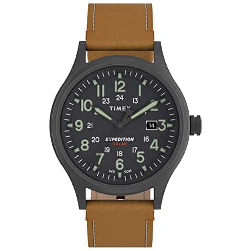 Timex Men'S Expedition Scout Solar Mm Watch Â Gunmetal Case Gray Dial With Tan Genuine Leather Strap