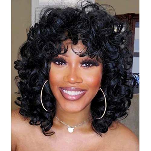 Andromeda Short Curly Wigs For Black Women Soft Black Big Curly Wig With Bangs Afro Kinky Curls Heat Resistant Natural Looking Synthetic Wig For African American Women (Big Curly)