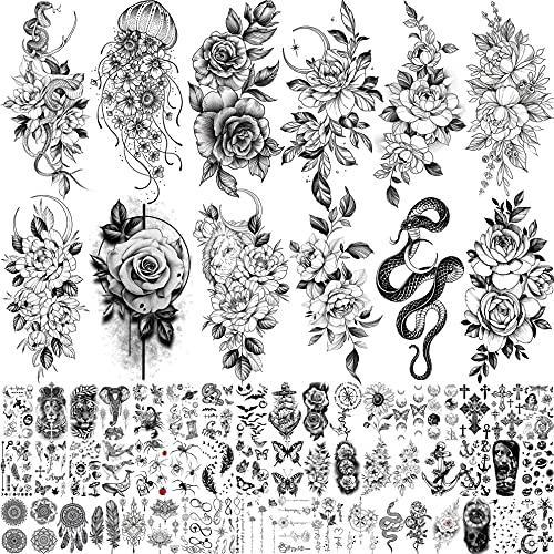 Bilizar Sheets Long Lasting Flower Temporary Fake Tattoos For Women Arm Neck, Jellyfish Sunflower Moon Rose For Adults Girl, D Temp Realistic Snake Tatoo Stickers Serpent Peony Floral Kids