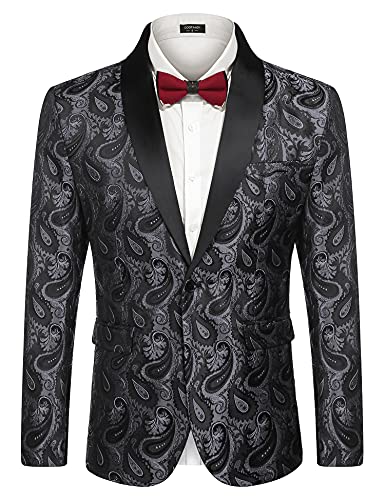 Coofandy Mens Floral Tuxedo Jacket Paisley Shawl Lapel Suit Blazer Jacket For Dinner,Prom,Wedding Grey