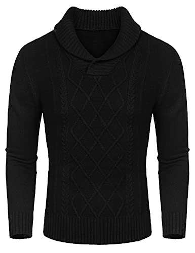 Coofandy Men'S Shawl Collar Sweaters V Neck Cotton Relaxed Fit Cable Pullover (Black&Amp;, Medium)