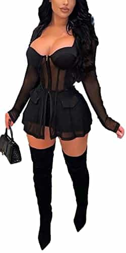 Mintsnow Sexy Two Piece Outfits For Women Mesh See Through Patchwork Tops Bodycon Shorts Rompers Party Club Tracksuit Black Xl