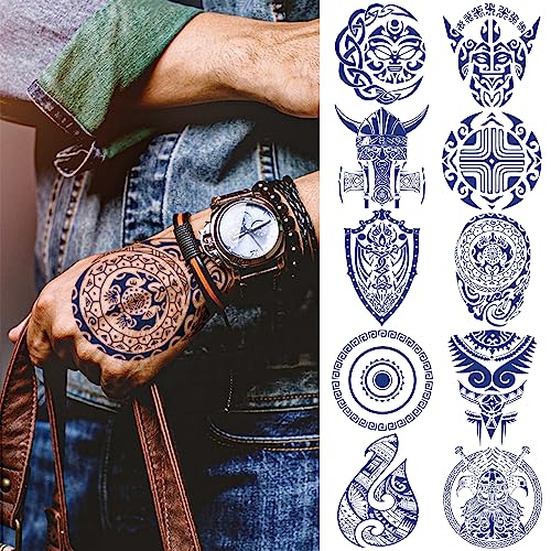 Pcs Aztec And Viking Style Temporary Tattoo For Men, Tribal Totem Tattoo Sticker Fake Tattoos For The Back Of Hands And Forearms, Cool Bule Half Sleeve Temporary Tattoo