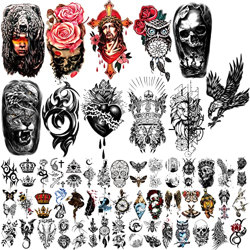 Sheets Temporary Tattoos For Adults Men Women, Sheets Large Eagle Crowns Animals Skeleton Totem Half Arm Sleeve Tattoos, Sheets Tiny Fake Tattoos Stickers For Teens Body Forearm