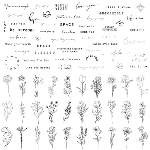 Tatuwst Realistic Temporary Tattoos   Sheets Tiny Small Removable Tattoos, Pcs Inspirational Quotes Words Tattoos, Pcs Wild Flower Ink Line Botanical Floral Leaf Tattoo Sticke