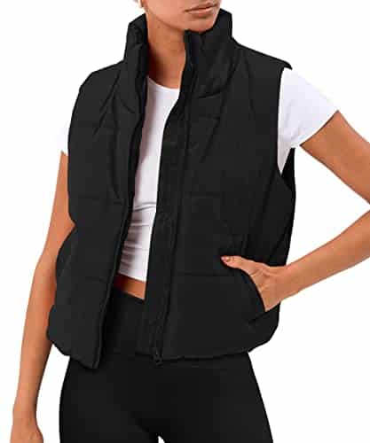 Automet Fall Outfits Clothes Puffer Vest Women Sleeveless Winter Cropped Outerwear Warm Puffer Lightweight Stand Up Collar Down With Pockets