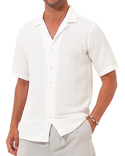 Alimens & Gentle Men'S Seersucker Hawaiian Shirts Casual Short Sleeve Button Down Shirt For Men Summer Beach Shirt(White, X Lagre)