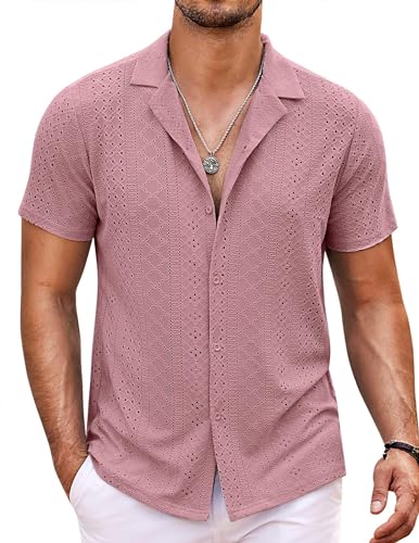 Coofandy Mens Camp Collar Beach Shirt Short Sleeve Button Up Shirts Vacation Solid Basic Shirts For Summer Dusty Rose