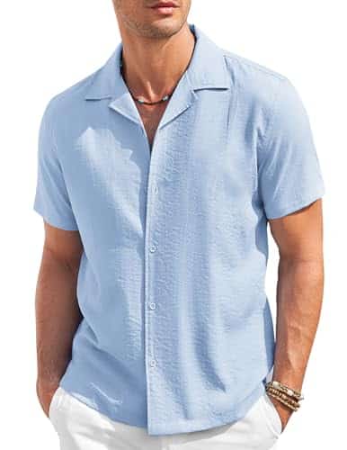 Coofandy Mens Cuban Guayabera Shirts Short Sleeve Linen Shirt Loose Fit Camp Collar Shirt Light Blue