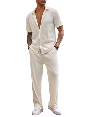 Coofandy Men'S Piece Outfit Casual Short Sleeve Button Down Shirt Beach Summer Loose Pant Sets