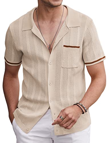 Coofandy Mens Vintage Casual Beach Button Up Knit Polo Shirt Breathable, Light Brown, Xx Large, Short Sleeve