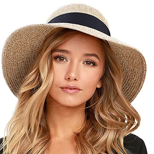 Furtalk Womens Beach Sun Straw Hat Uv Upftravel Foldable Brim Summer Uv Hat Mixed Beige