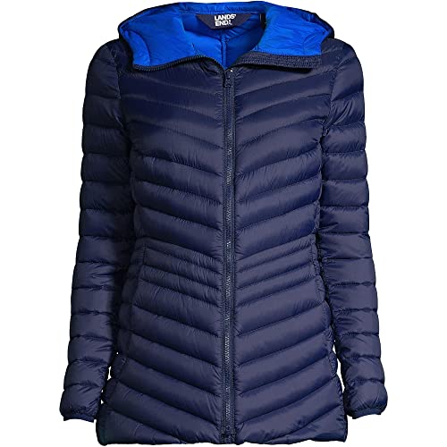 Lands' End Womens Chevron Hooded Long Wanderweight Down Jacket Deep Sea Navy Plus X