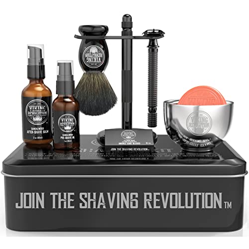 Luxury Safety Razor Shaving Kit   Includes Double Edge Safety Razor, Stand, Bowl, After Shave Balm, Pre Shave Oil, Badger Brush