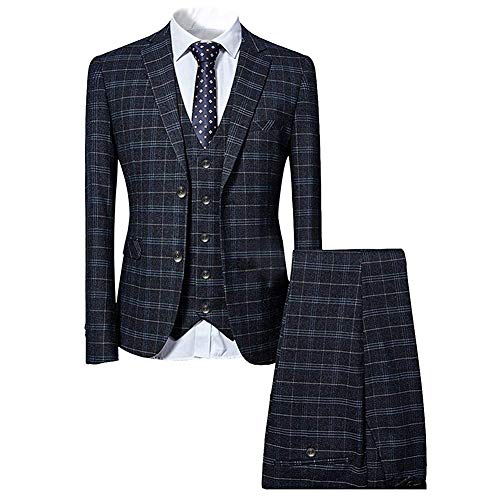 Mens Piece Slim Fit Checked Suit Blueblack Single Breasted Vintage Suits,Medium,Black