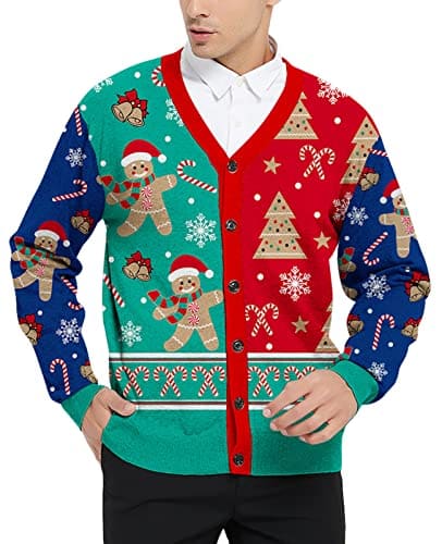 Men'S Ugly Christmas Gingerbread Rocks Sweater Cardigan Knitted Funny Xmas Novelty Party V Neck Buttons Long Sleeve Party Santa Snowflake Candy Cane Pullover,Red