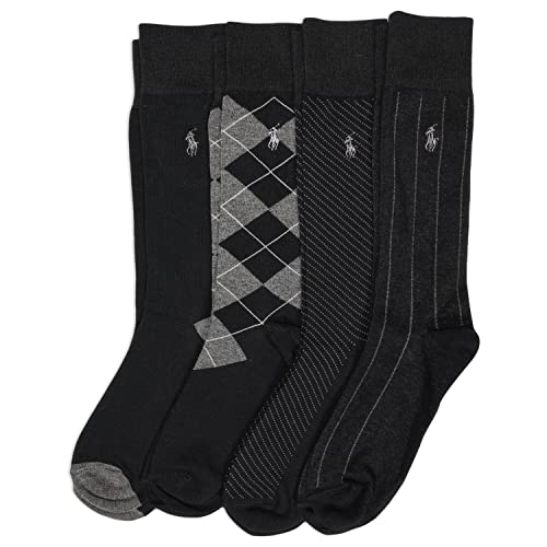 Polo Ralph Lauren Men'S Assorted Pattern Dress Crew Socks Pair Pack   Soft And Lightweight Cotton Comfort, Black,