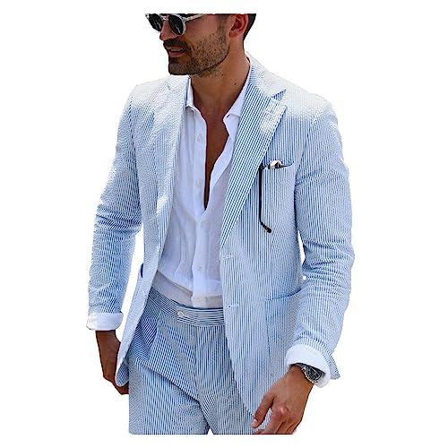 Popele Mens Blue Seersucker Summer Suit Grooms Sear Sucker Suit For Wedding Mens Formal Suits Slim Fit