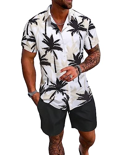 Soly Hux Men'S Piece Outfits Tropical Print Short Sleeve Button Down Hawaiian Shirt And Shorts Set Black And White Tropical M