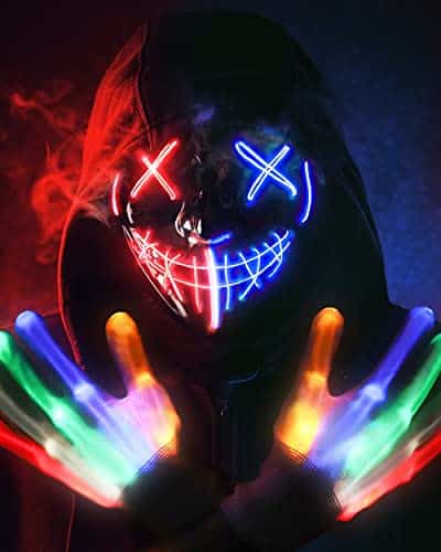 Stonch Halloween Mask Skeleton Gloves Set, Odes Light Up Scary Led Mask With Led Glow Gloves, Halloween Decorations Anonymous Mask, Halloween Costumes Glow Purge Masks Gift Fo