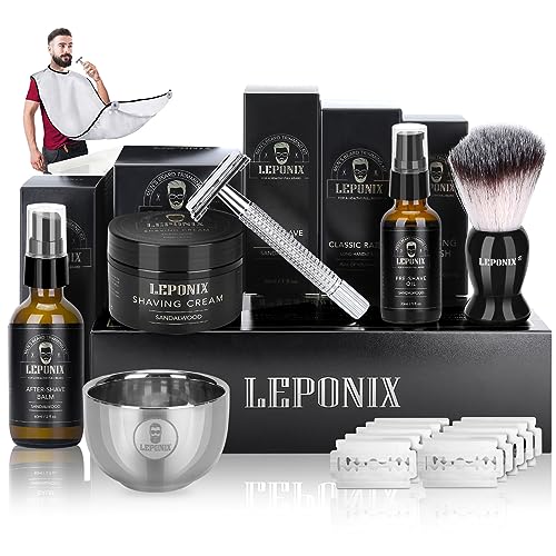 Shaving Kit For Men, Include Safety Razor, Sandalwood Cream, Aftershave, Pre Shave Oil, Shaving Brush And Bowl, Shaving Apron Bib  Unique Gifts For Him Stocking Stuffers