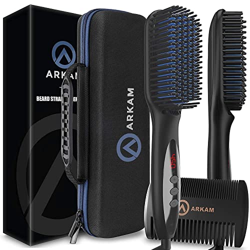 Arkam Beard Straightener For Men  Premium Heated Beard Brush Kit Wanti Scald Feature, Dual Action Hair Comb And Hard Shell Travel Case For Medium To Long Beards   Costume And