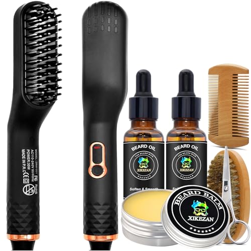 Beard Straightener Wbeard Balm & Pack Beard Oil & Beard Comb & Beard E Book,Patented Design Hair Straightener Brush Beard Straightening Comb,Unique Stocking Stuffers Gifts For