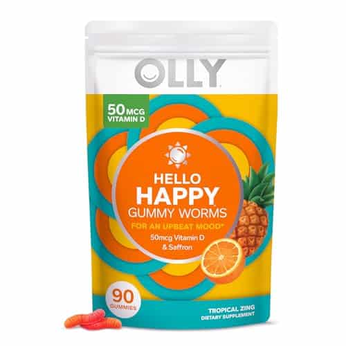 Olly Hello Happy Gummy Worms, Mood Balance Support, Vitamin D, Saffron, Adult Chewable Supplement, Tropical Zing   Count