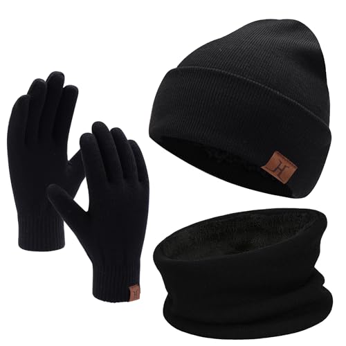 Winter Men Beanie Hat, Scarf, Touch Screen Gloves, Pieces Winter Warm Clothing Set For Men, Black, One Size