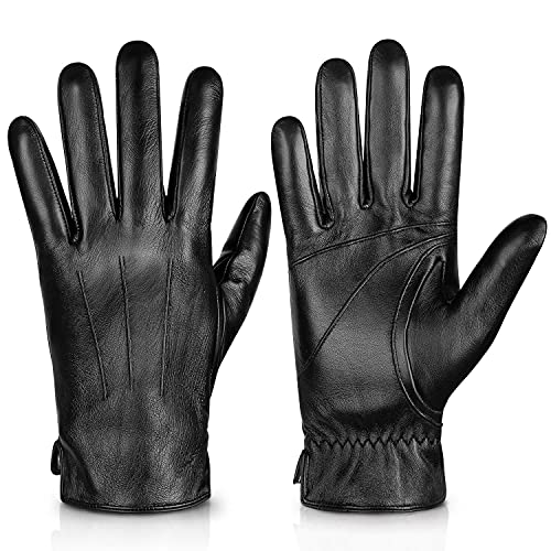 Alepo Genuine Sheepskin Leather Gloves For Men, Winter Warm Touchscreen Texting Cashmere Lined Driving Motorcycle Gloves (Black L)