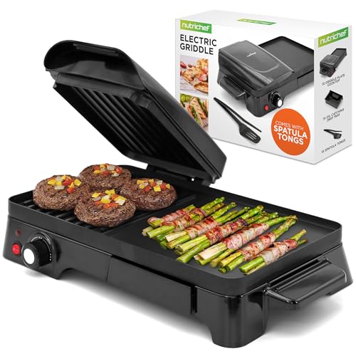 Nutrichef In Grill, Griddle, & Panini Press   Nonstick Coating, Temperature Control   Multiuse Countertop Sandwich Maker   Removable Drip Tray      Compact Griddle   X X , Bla